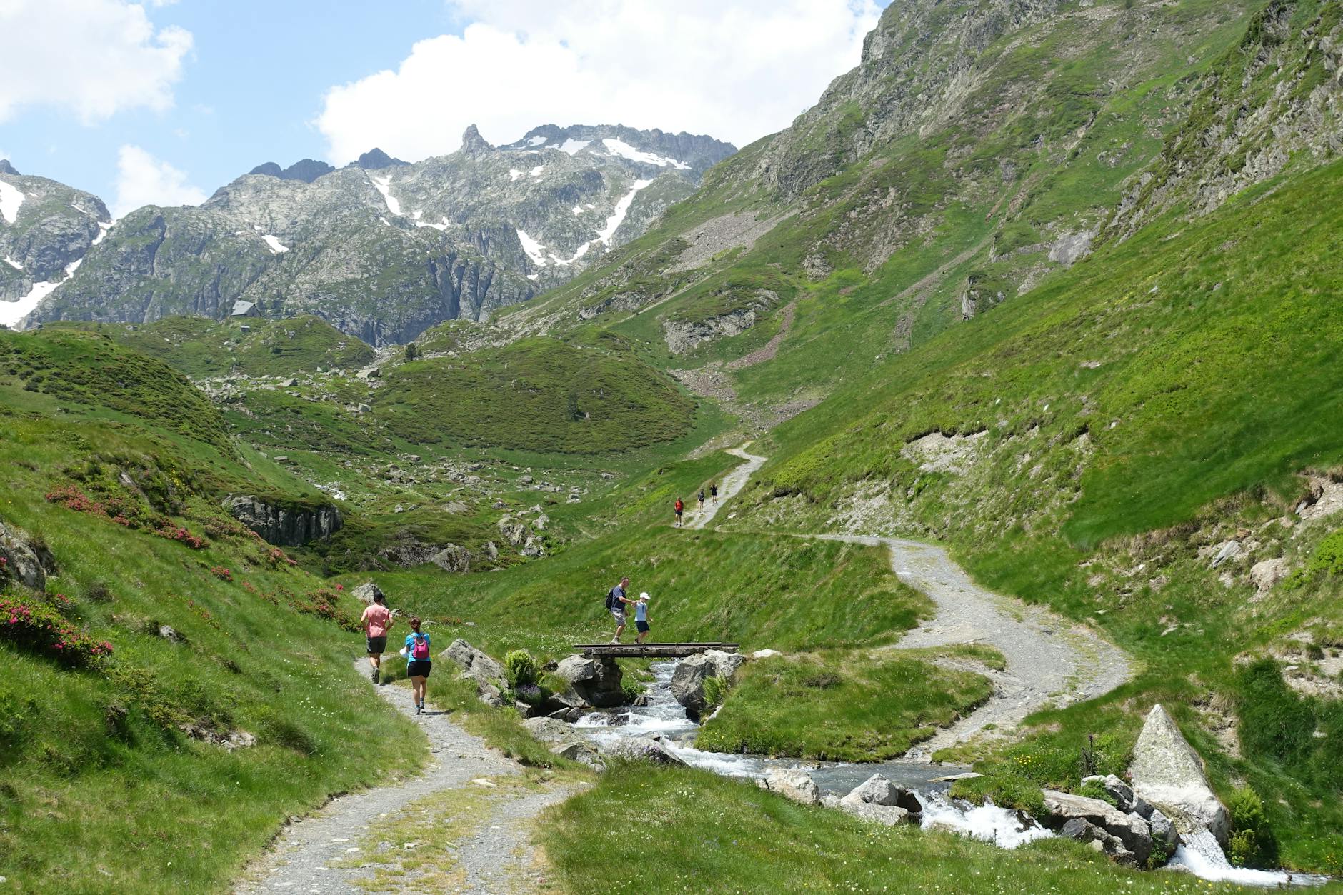 Rodzina turystów na letnim szlaku w górskiej dolinie Dunajca